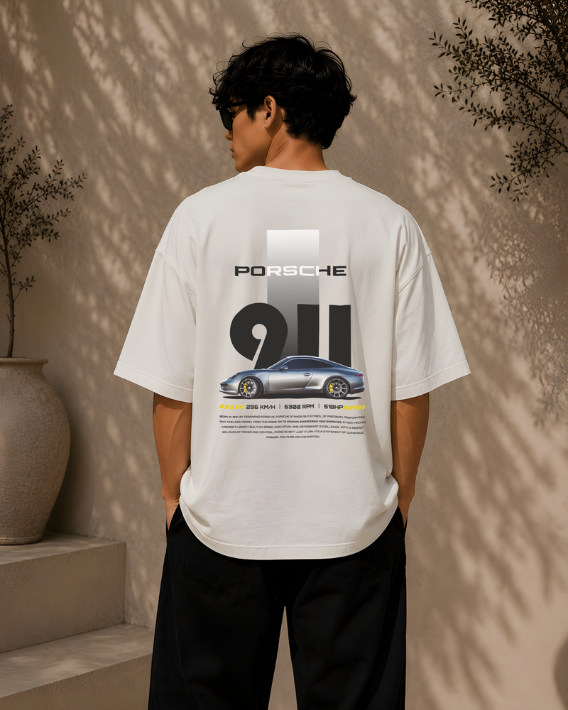 PORSCHE CAR, Round Neck Cotton terry, white T-Shirt,