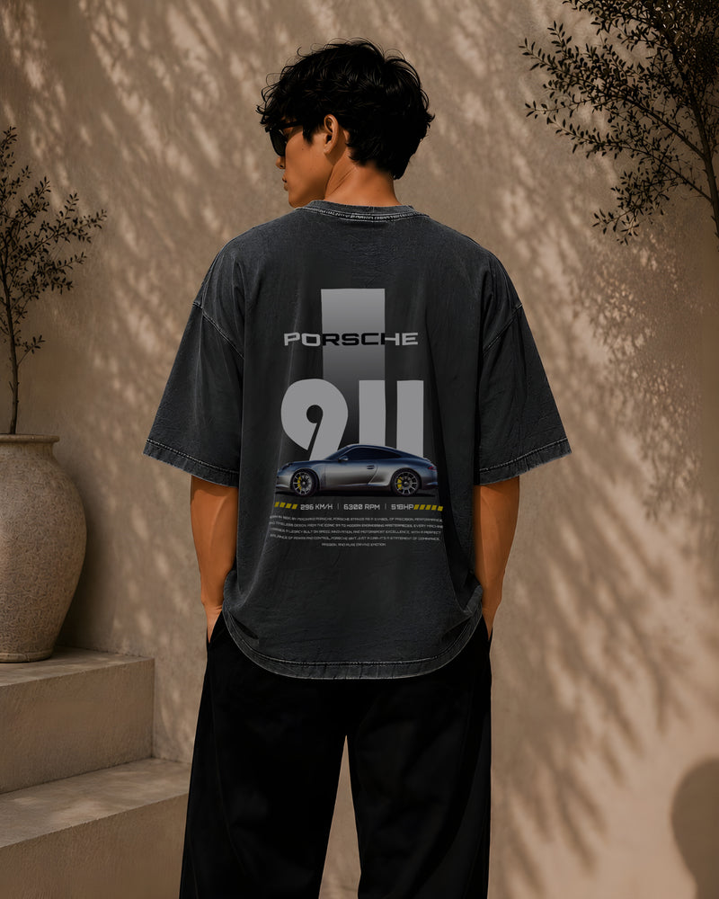 PORSCHE CAR, Round Neck Cotton terry, acidwash T-Shirt,