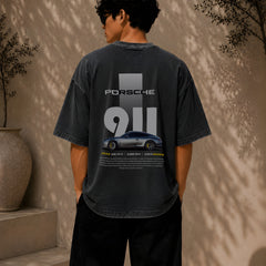 PORSCHE CAR, Round Neck Cotton terry, acidwash T-Shirt,