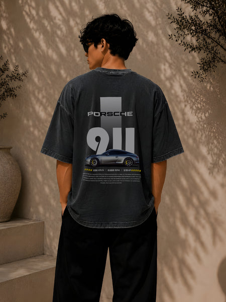 PORSCHE CAR, Round Neck Cotton terry, acidwash T-Shirt,