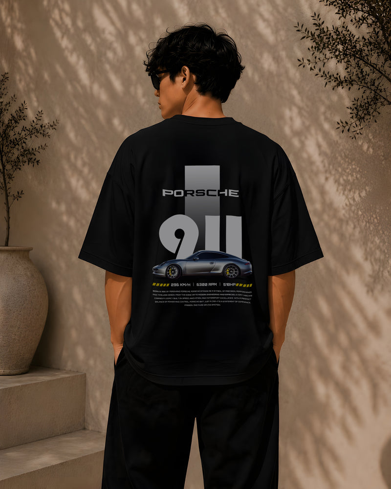 PORSCHE CAR, Round Neck Cotton terry, black T-Shirt,
