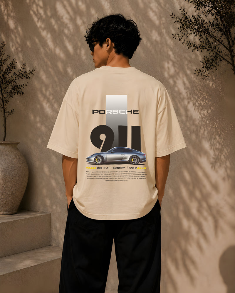 PORSCHE CAR, Round Neck Cotton terry, beige T-Shirt,