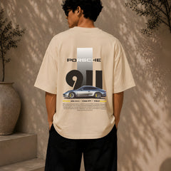 PORSCHE CAR, Round Neck Cotton terry, beige T-Shirt,