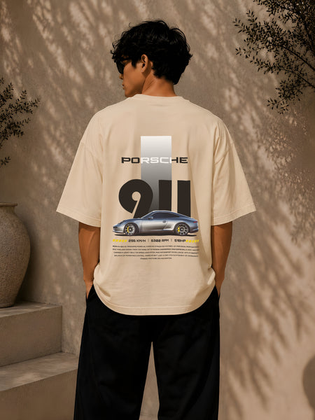 PORSCHE CAR, Round Neck Cotton terry, beige T-Shirt,